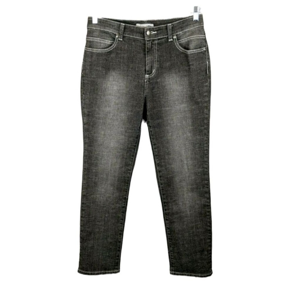 Chico's Platinum Straight Leg Gray Denim Jeans with Embroidered Pockets Size 6